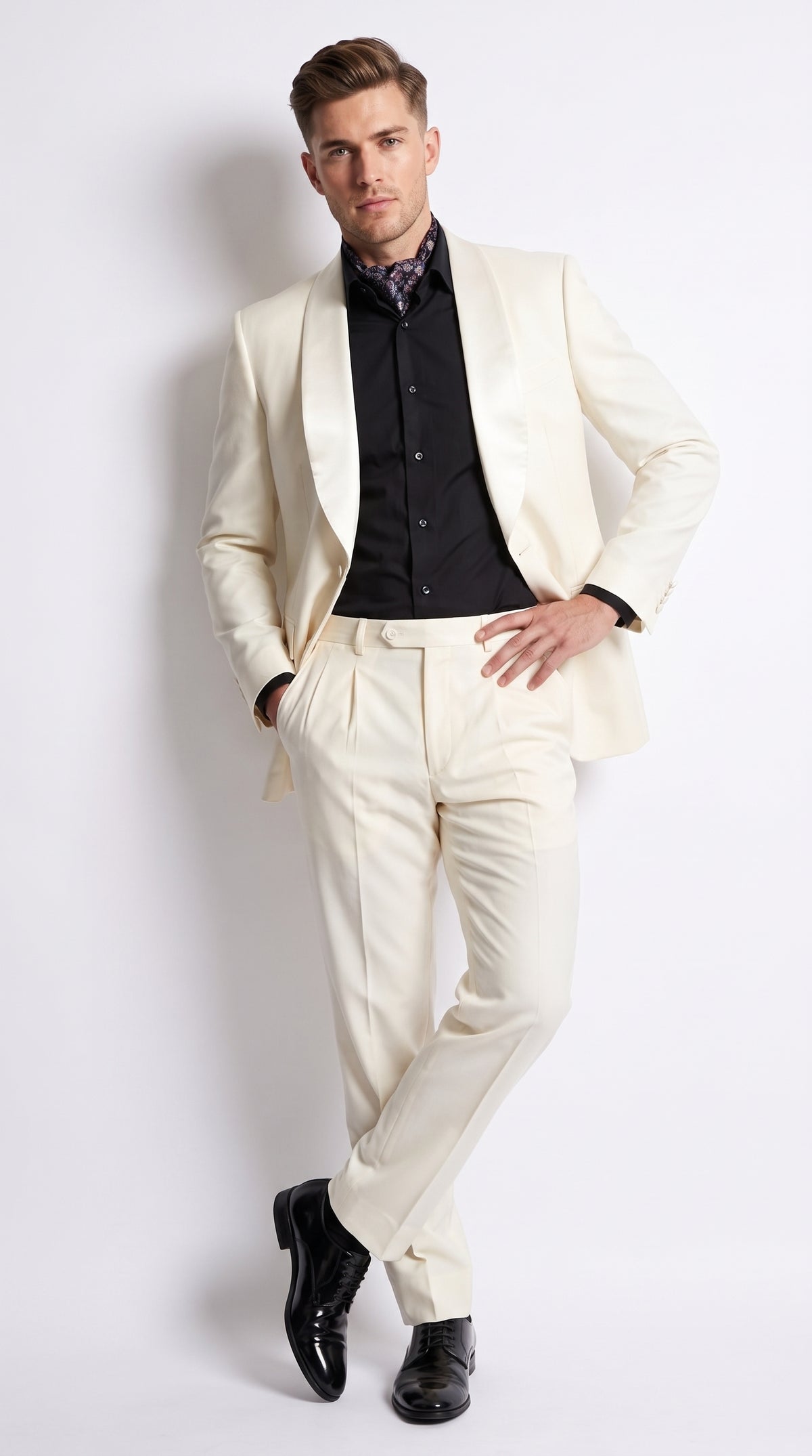 Men’s Champagne Ivory Shawl Collar Suit, 1 Button Cream Off White Dinner Jacket Tuxedo