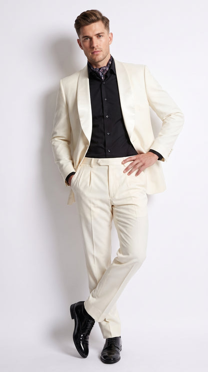 Men’s Champagne Ivory Shawl Collar Suit, 1 Button Cream Off White Dinner Jacket Tuxedo