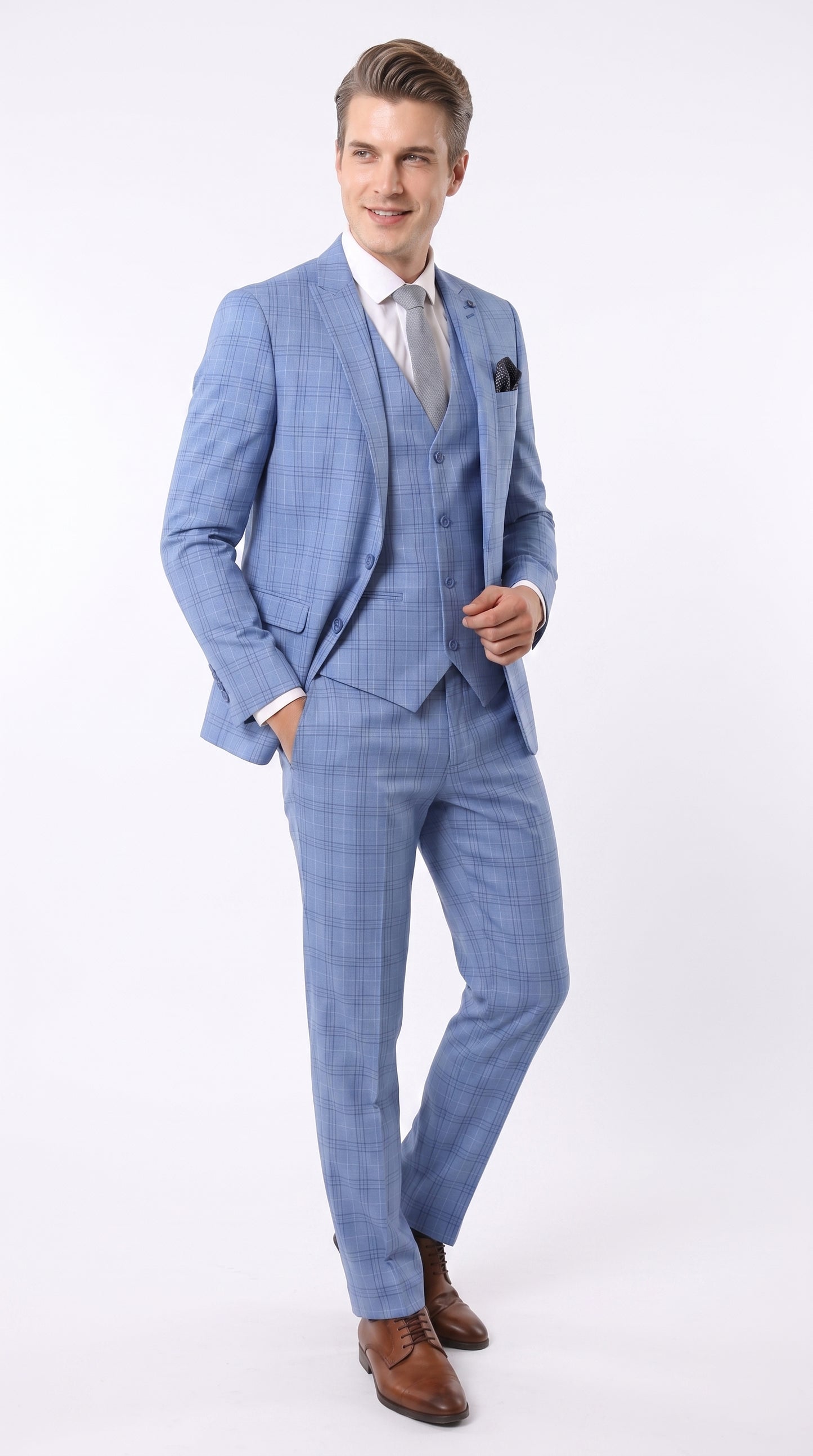 Men’s Light Blue Plaid 3 Piece Suit, Sky Blue Vested Summer Wedding Prom Dress Suit