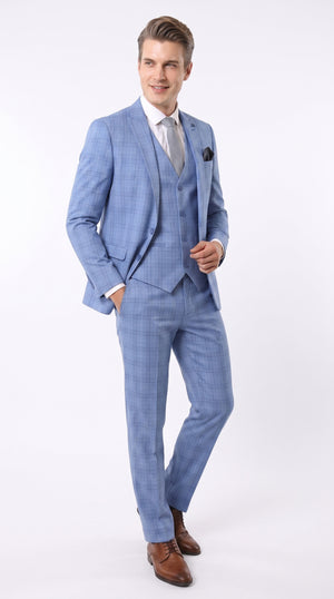 Men’s Light Blue Plaid 3 Piece Suit, Sky Blue Vested Summer Wedding Prom Dress Suit