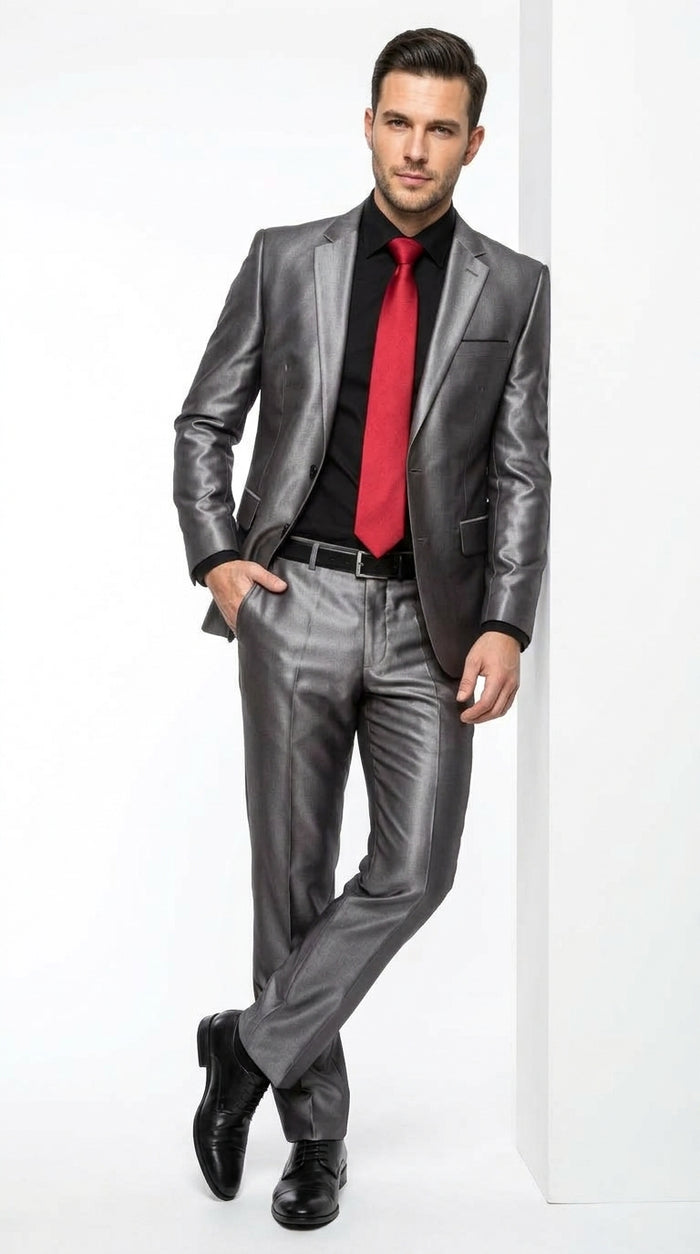 Men’s Shiny Sharkskin Charcoal Gray Suit, 2 Button Dark Grey Formal Suit with Flat Front Pants