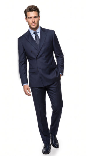 Men’s Navy Double Breasted Wool Suit, Peak Lapel Side Vent Jacket with Pleated Pants