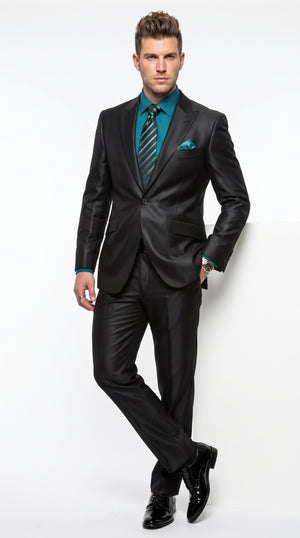 Men’s Black Sharkskin 1 Button Suit, Modern Fit Peak Lapel Wool Blend Formal Dress Suit