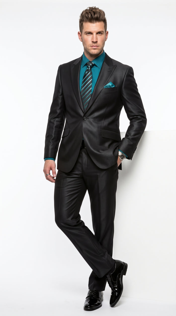 Men’s Black Sharkskin 1 Button Suit, Modern Fit Peak Lapel Wool Blend Formal Dress Suit