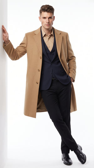 Men’s Camel Cashmere Blend Full Length Overcoat, Luxury Winter Dress Topcoat