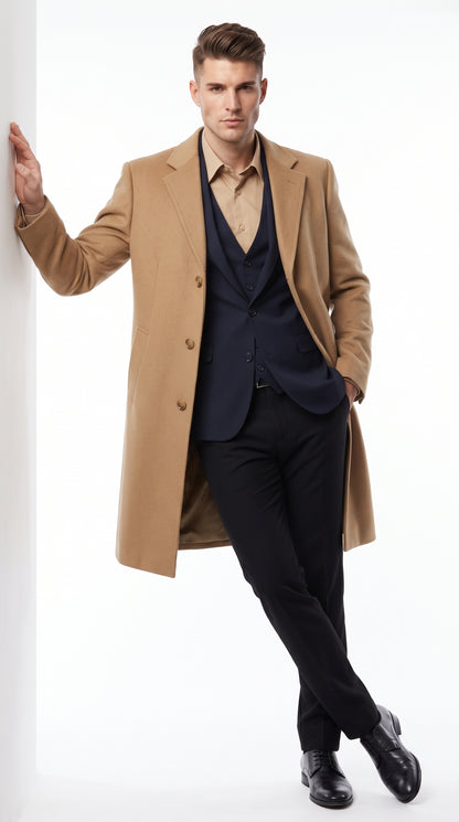 Men’s Camel Cashmere Blend Full Length Overcoat, Luxury Winter Dress Topcoat