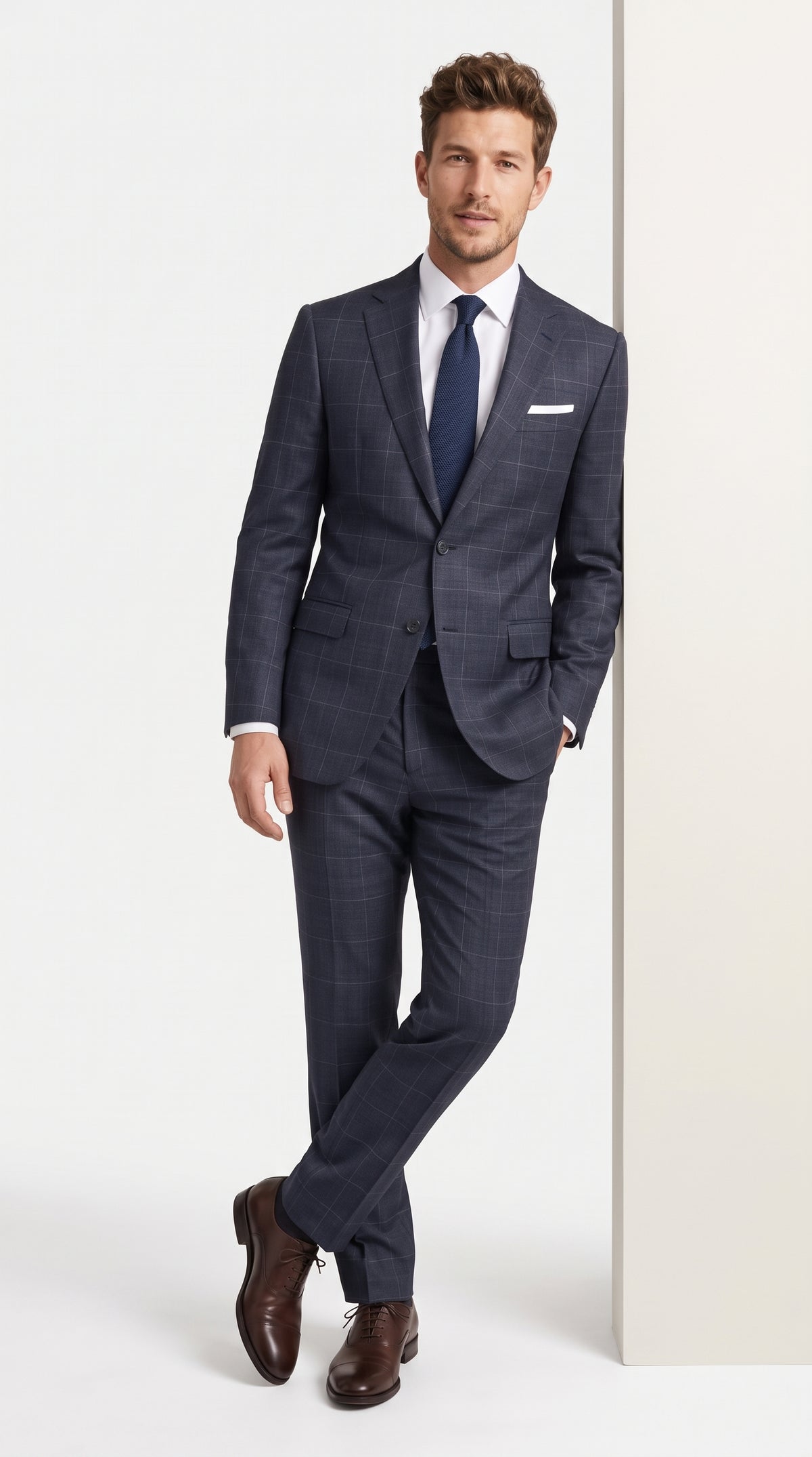 Statement Men’s Navy Windowpane 2 Piece Wool Suit, Modern Fit Super 200s Formal Business Suit
