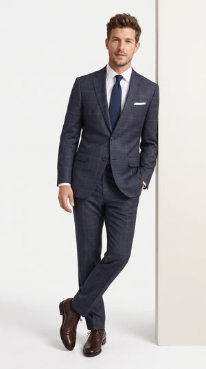 Statement Men’s Navy Windowpane 2 Piece Wool Suit, Modern Fit Super 200s Formal Business Suit