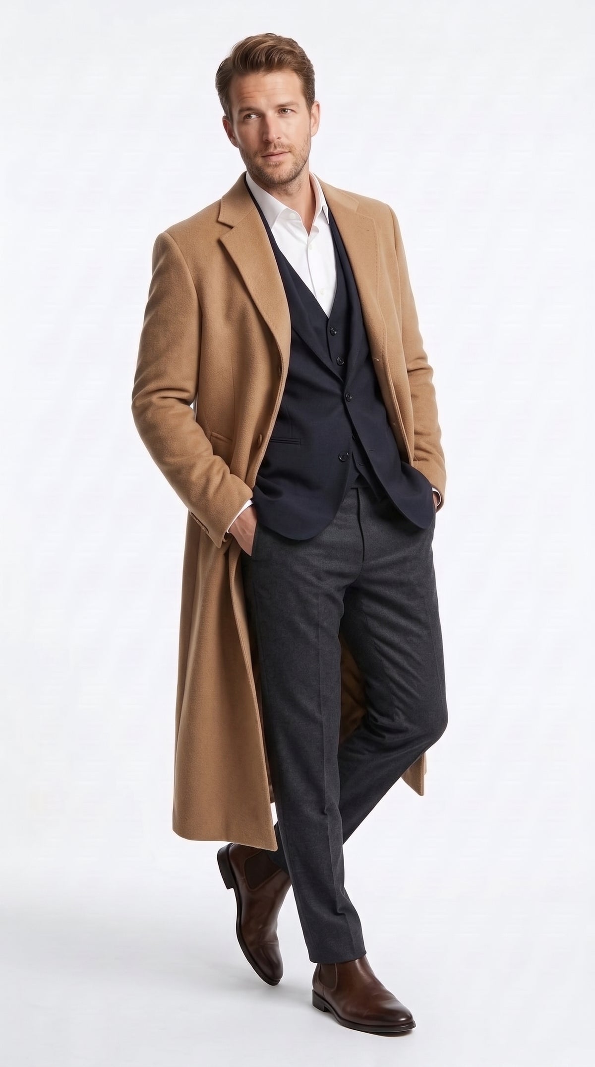 Men’s Camel Cashmere Winter Topcoat, Full Length Dress Overcoat