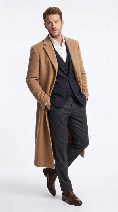 Men’s Camel Cashmere Winter Topcoat, Full Length Dress Overcoat