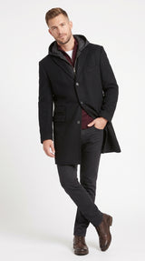 Men’s Black Hooded Overcoat, Formal Topcoat with Removable Hoodie Style