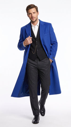 Men’s Royal Blue Long Overcoat, Soft Wool Dress Topcoat Winter Formal Coat