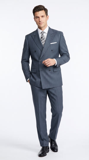 Men's Navy Blue Pinstripe Double-Breasted Suit – Classic 2-Piece Rayon Business Suit with Pleated Pants and Side Vents