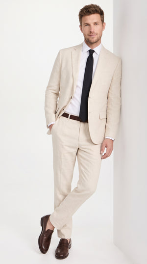 Men's Beige Linen 2-Piece Summer Suit – Modern Fit 2-Button Beach Wedding Suit with Matching Pants