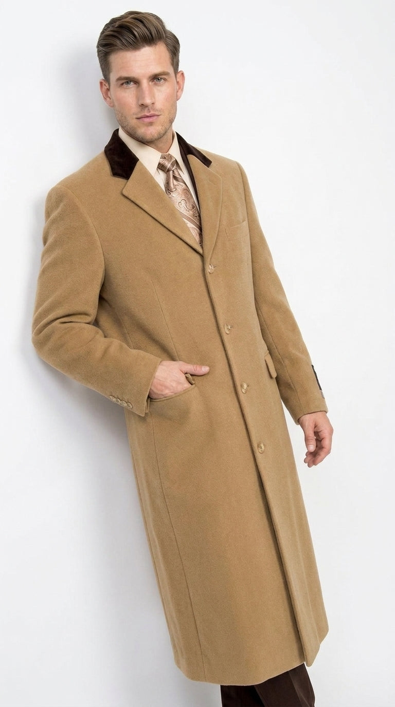 Men’s Camel Chesterfield Overcoat with Brown Velvet Collar, Full Length Cashmere Style Dress Coat
