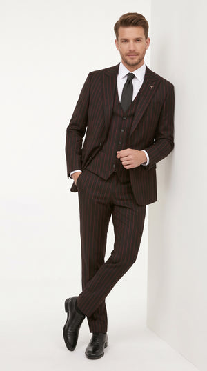 Men’s Black and Red Pinstripe 3 Piece Suit, 2 Button Vested Formal Wedding Prom Business Suit