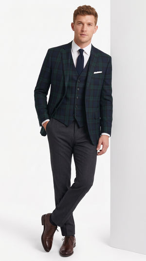 Men’s Green and Navy Blue Tartan Plaid 3 Piece Suit, Windowpane Checkered Formal Wedding Suit with Matching Vest