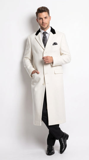 Men’s Winter White Chesterfield Overcoat, Wool and Cashmere Full Length Dress Coat