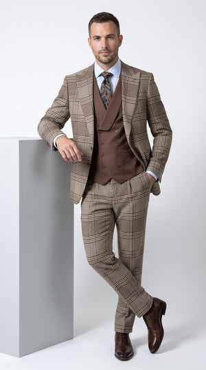 Men’s Brown Houndstooth Plaid Italian Wool Suit, One Button Peak Lapel Modern Fit Suit with Double Breasted Vest