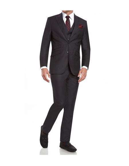 Mens Three Piece Suit - Vested Suit Mens Charcoal  Skinny Lapel 2-Button Vested Suit