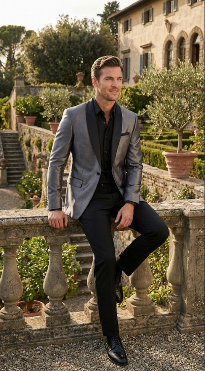 Men’s Shiny Charcoal Grey Blazer –  Sharkskin Dinner Jacket Shawl Collar