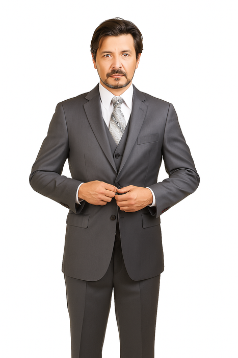 Charcoal Grey ~ Blue ~ Dark Navy Stripe ~ Pinstripe Vested Men'S 3 Piece Suit No Pleated Pants Side Vented Regular Cut Conservative