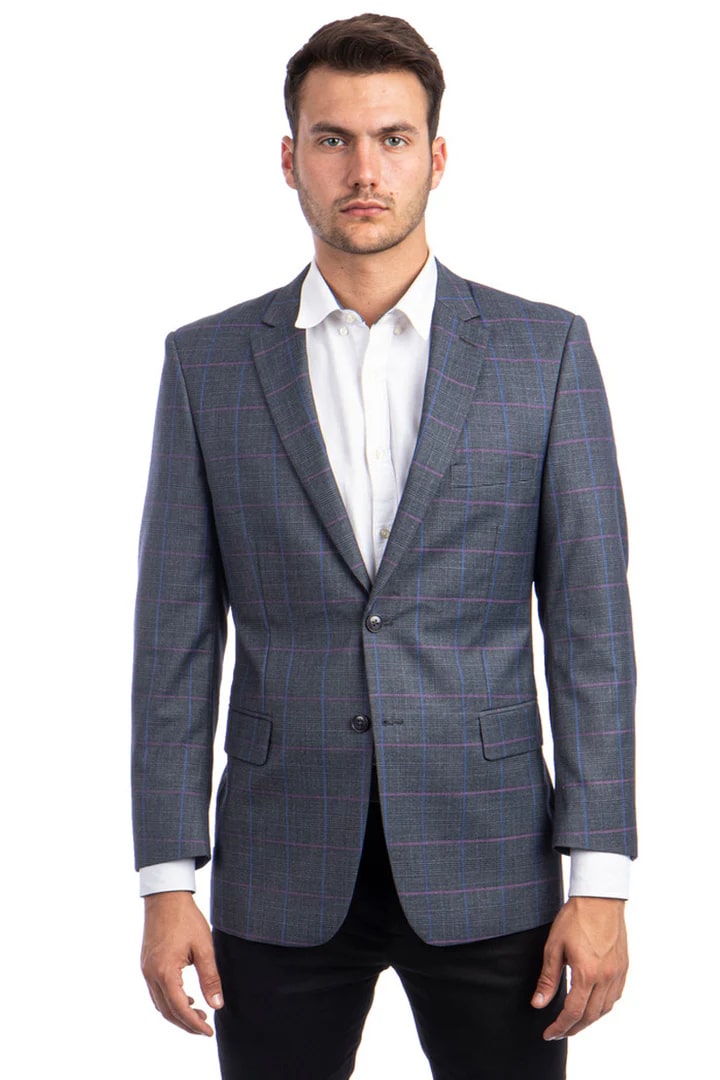 Saco vaquero - Western Sport Coat - Western Blazer- Men's Two Button Regular Fit Sport Coat In Charcoal Grey With Blue & Pink Windowpane Plaid