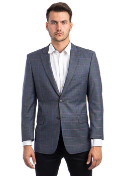 Saco vaquero - Western Sport Coat - Western Blazer- Men's Two Button Regular Fit Sport Coat In Charcoal Grey With Blue & Pink Windowpane Plaid