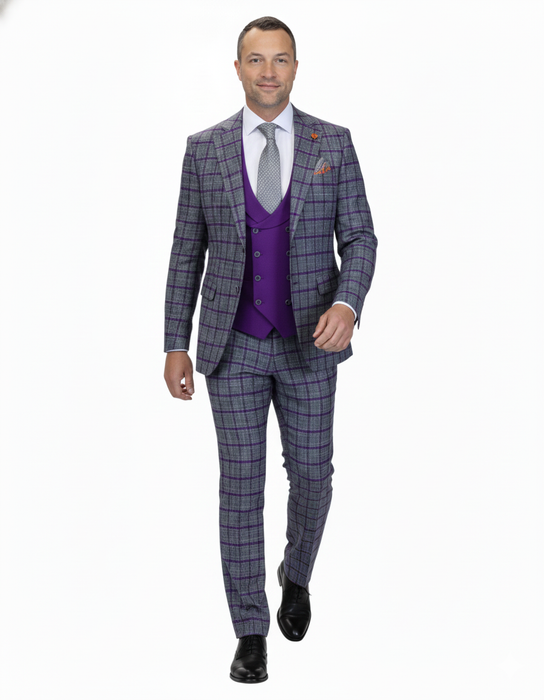 Statement Men's 3-Piece Modern Fit Suit – 100% Wool with Sleek Scoop Vest