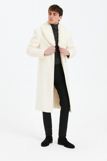Men’s Ivory Full-Length Overcoat with Luxurious Faux Fur Shawl Collar – Winter Dress Coat