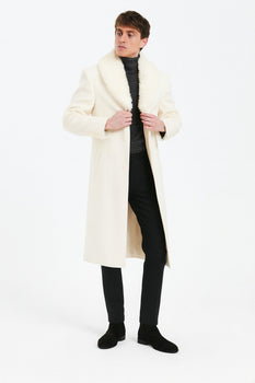 winter mens dress coat Men's Dark Navy Blue Wool Overcoat with Fur Collar, Winter Coat for Male
