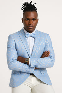 Men's slim fit sky blue & silver paisley foil print tuxedo dinner jacket for prom & wedding - Image 2