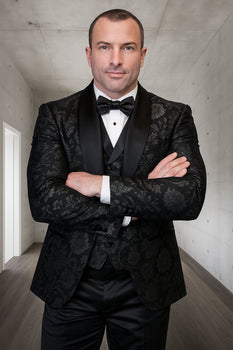 Men's black paisley lace print vested tuxedo for prom & wedding with satin lapel and bowtie - Image 4