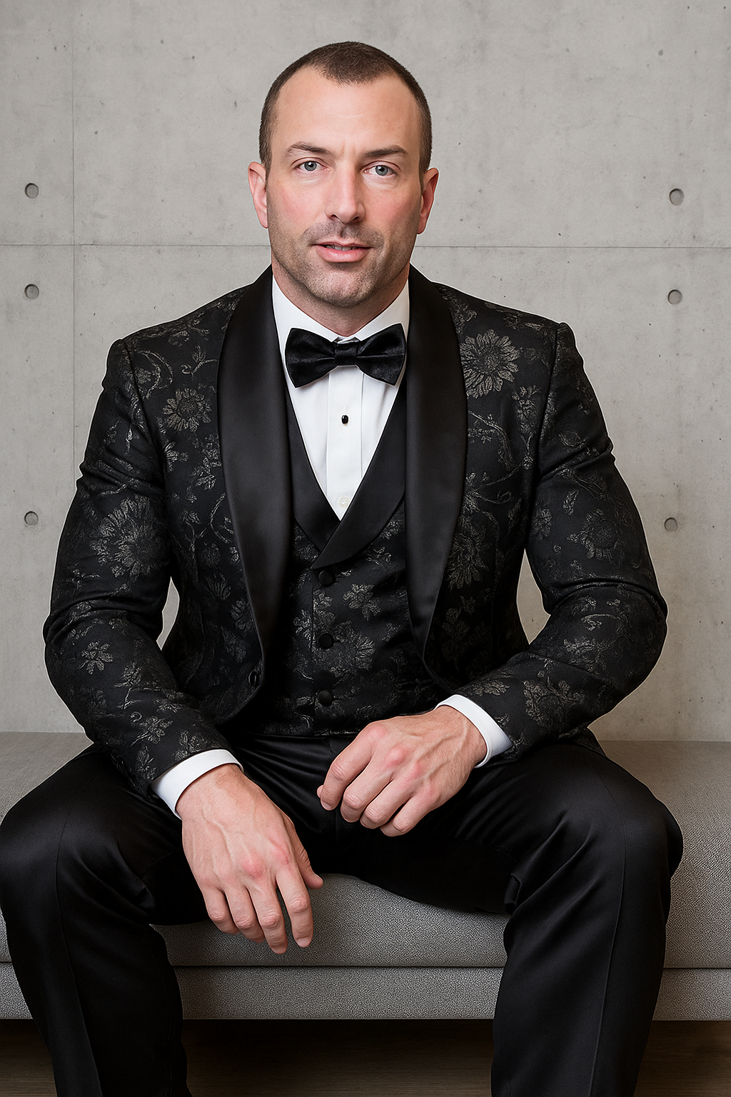 Men's black paisley lace print vested tuxedo for prom & wedding with satin lapel and bowtie - Image 3