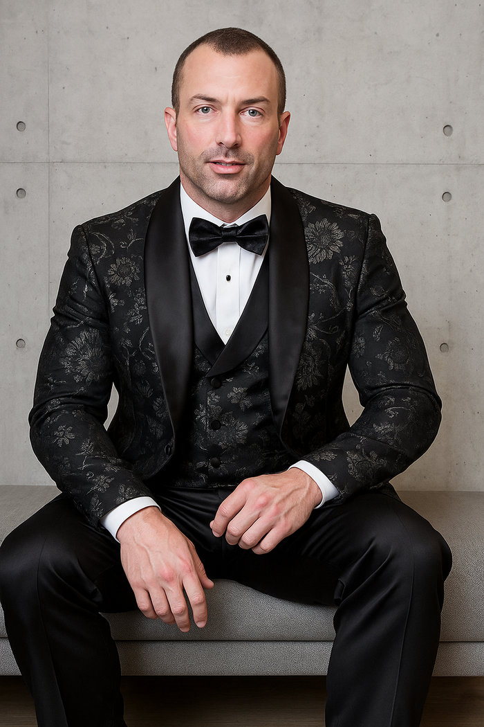 Men's black paisley lace print vested tuxedo for prom & wedding with satin lapel and bowtie - Image 3