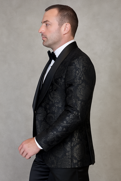 Men's black paisley lace print vested tuxedo for prom & wedding with satin lapel and bowtie - Image 2