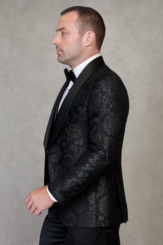 Men's black paisley lace print vested tuxedo for prom & wedding with satin lapel and bowtie - Image 2