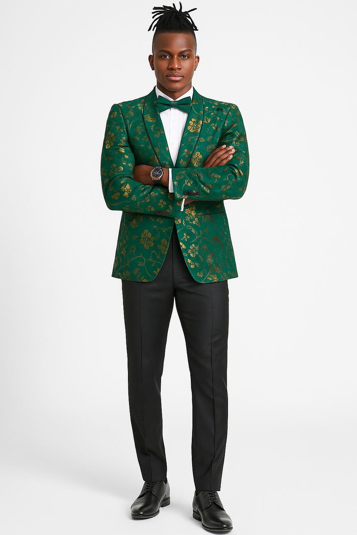 Men's slim fit hunter green and gold paisley prom and wedding tuxedo jacket - Image 2