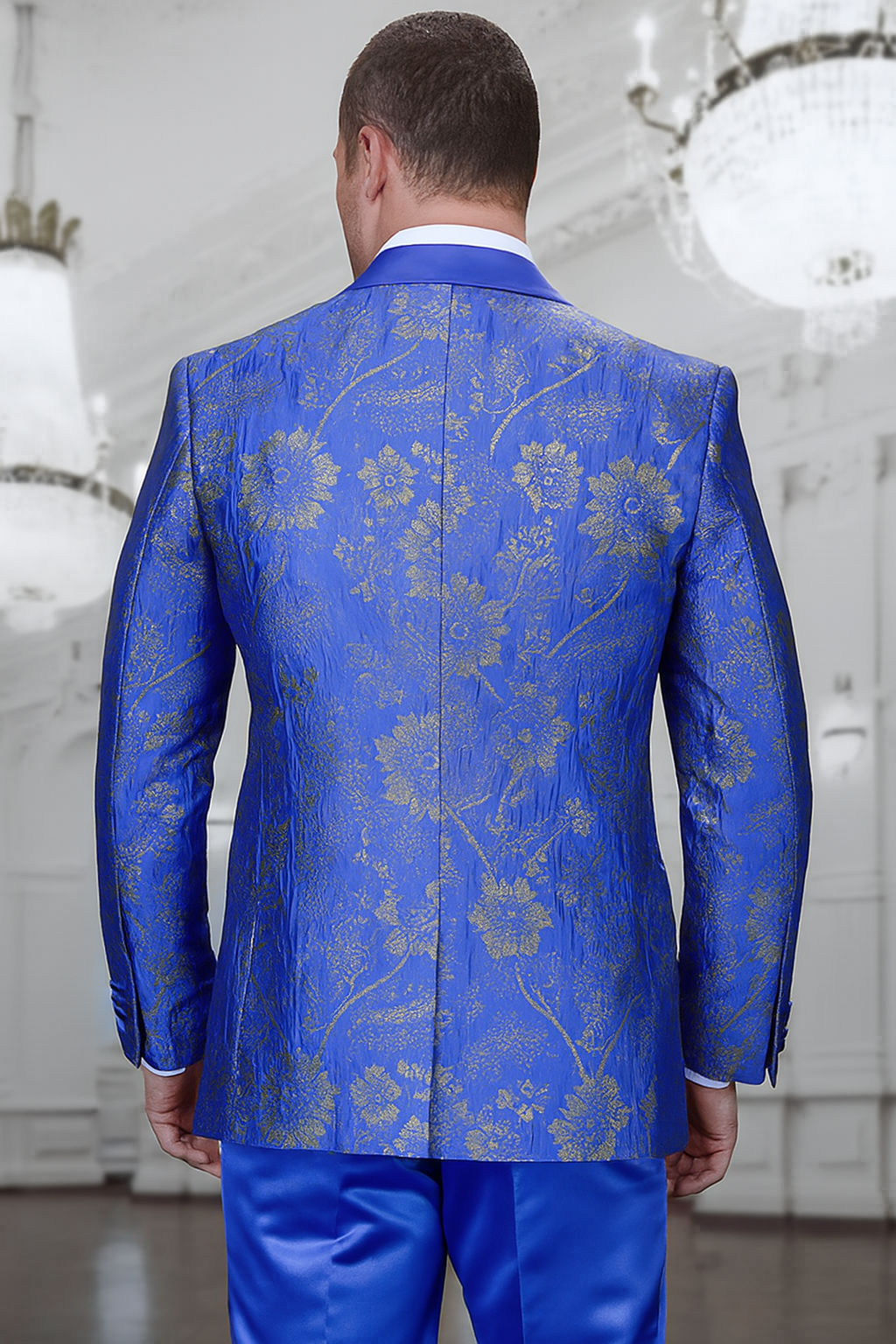 Men's royal blue paisley lace print tuxedo with double breasted vest – prom & wedding suit - Image 5