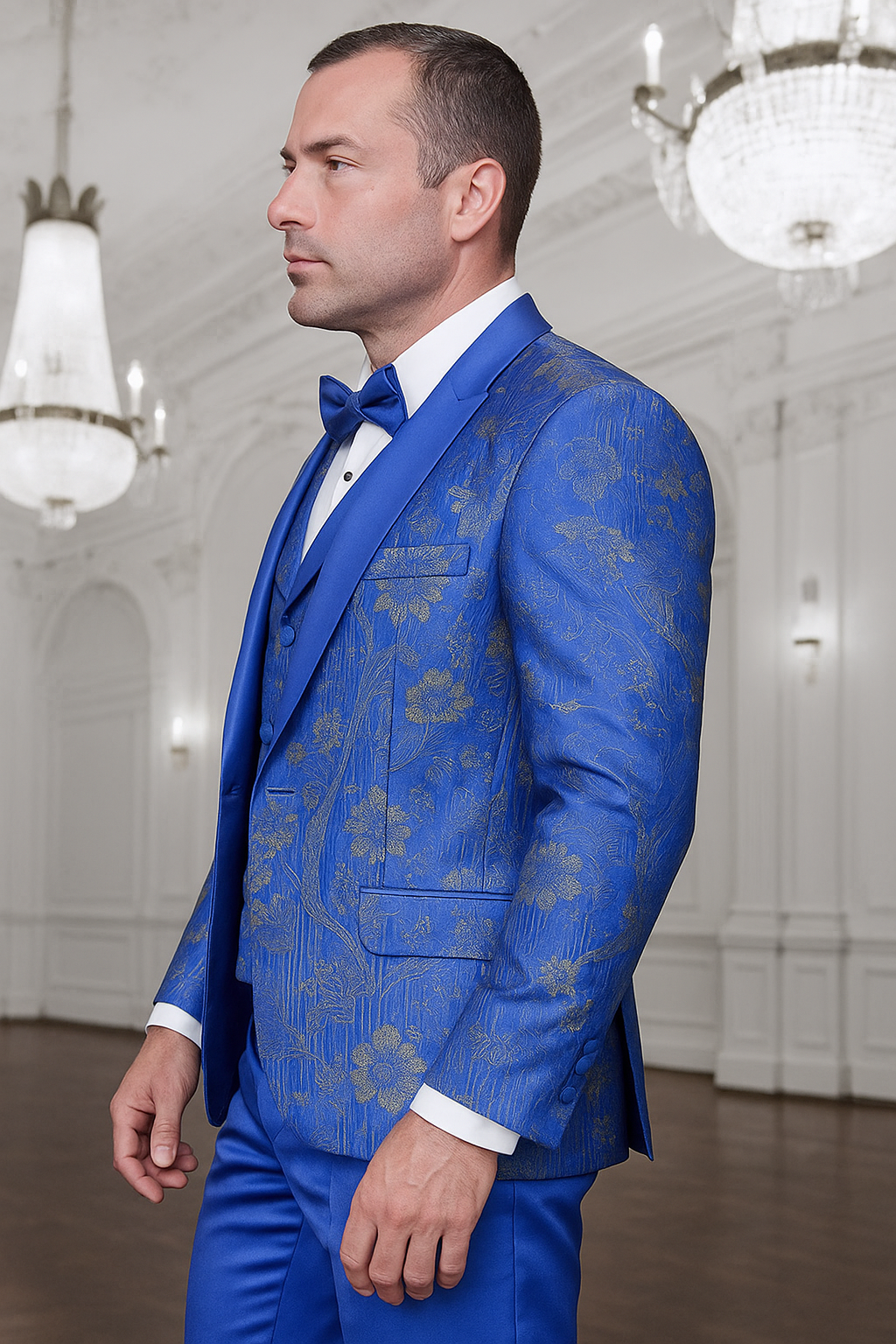 Men's royal blue paisley lace print tuxedo with double breasted vest – prom & wedding suit - Image 4
