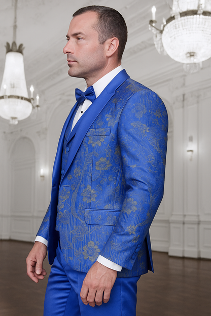Men's royal blue paisley lace print tuxedo with double breasted vest – prom & wedding suit - Image 4