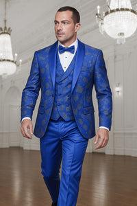 Men's royal blue paisley lace print tuxedo with double breasted vest – prom & wedding suit - Image 3