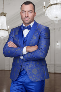 Men's royal blue paisley lace print tuxedo with double breasted vest – prom & wedding suit - Image 2