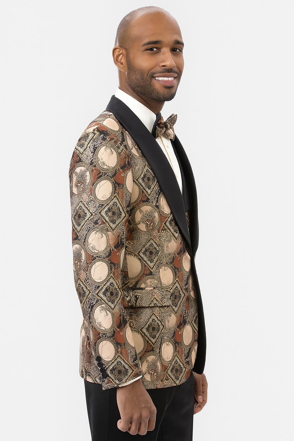 Men's Rust Geometric Pattern Tuxedo with Vest & Bowtie – One Button Formal Suit - Image 2