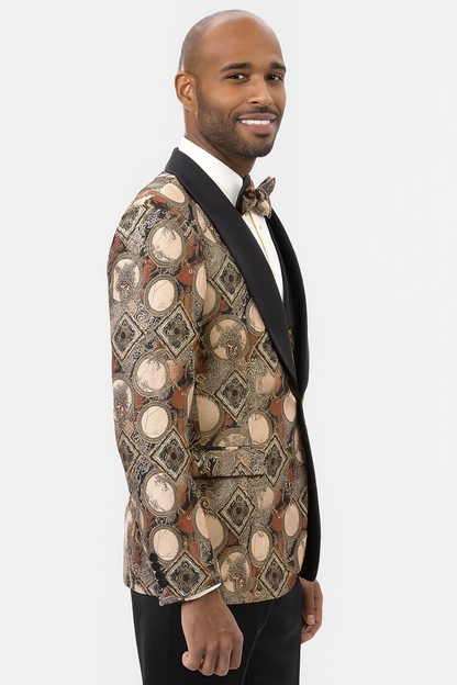 Men's Rust Geometric Pattern Tuxedo with Vest & Bowtie – One Button Formal Suit - Image 2