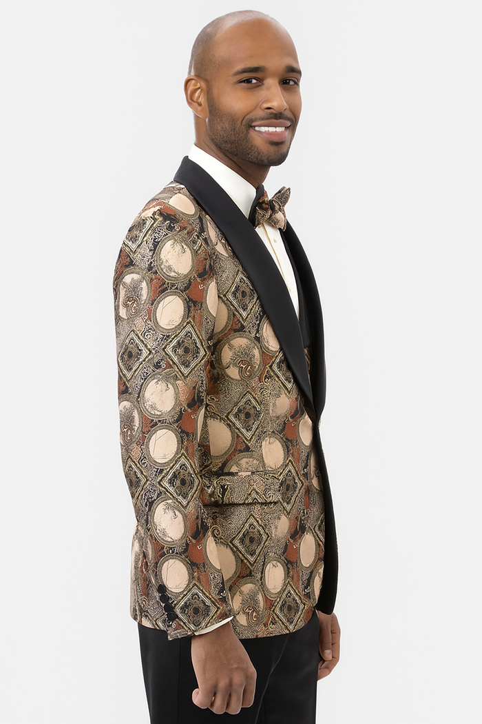 Men's Rust Geometric Pattern Tuxedo with Vest & Bowtie – One Button Formal Suit - Image 2