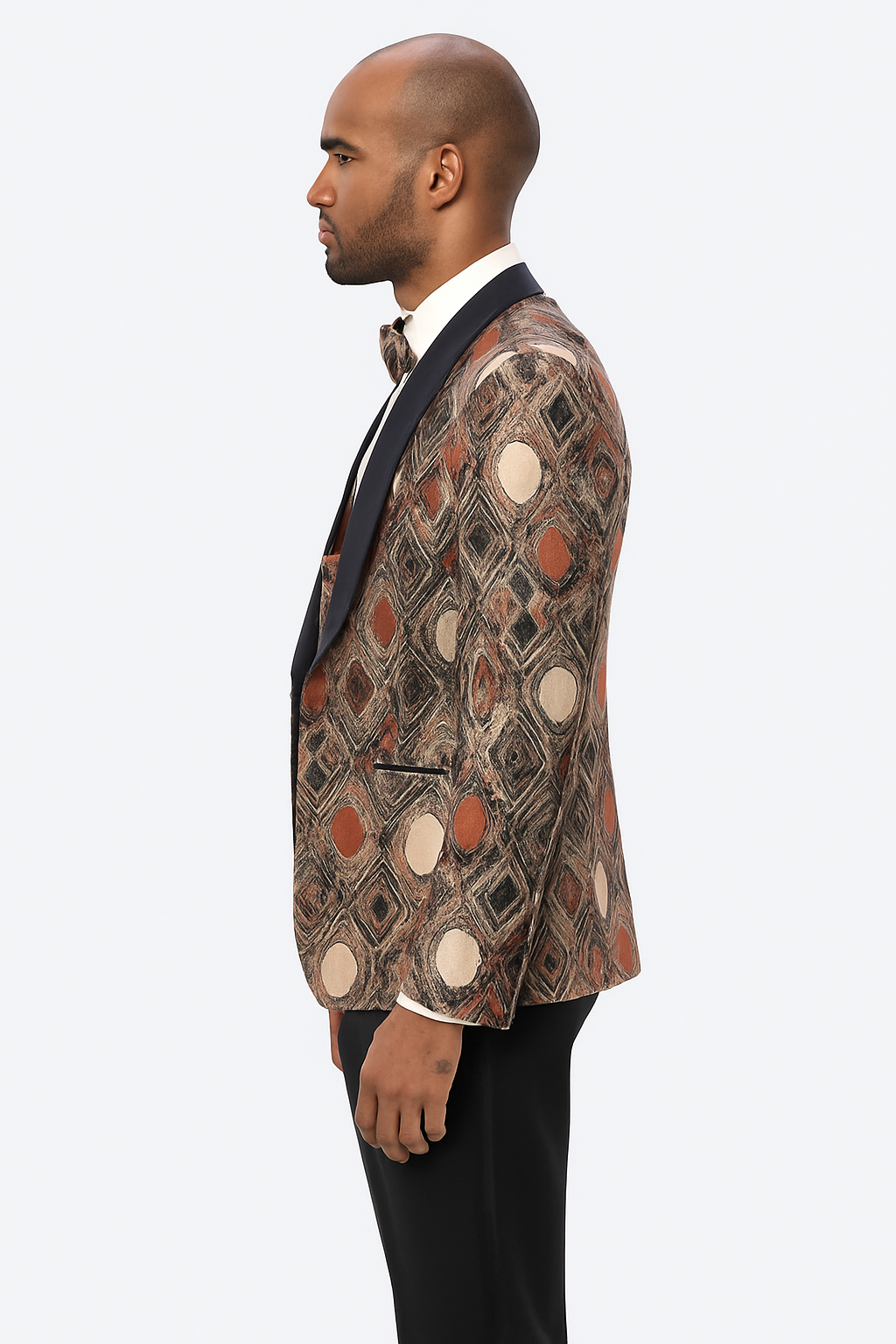 Men's Rust Geometric Pattern Tuxedo with Vest & Bowtie – One Button Formal Suit - Image 3