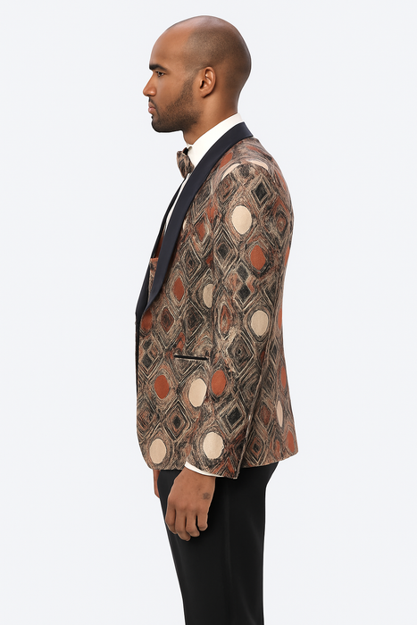 Men's Rust Geometric Pattern Tuxedo with Vest & Bowtie – One Button Formal Suit