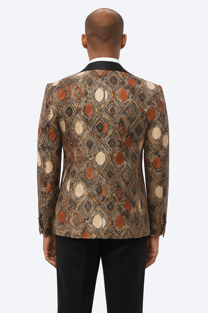 Men's Rust Geometric Pattern Tuxedo with Vest & Bowtie – One Button Formal Suit - Image 4
