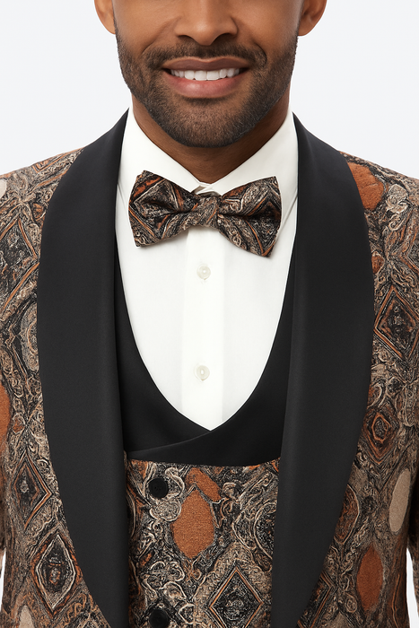 Men's Rust Geometric Pattern Tuxedo with Vest & Bowtie – One Button Formal Suit
